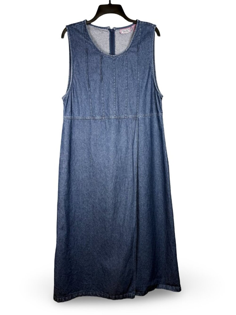 VTG Premier Intl Denim Jumper Maxi Dress Womens L Blue Sleeveless Shift Cottage